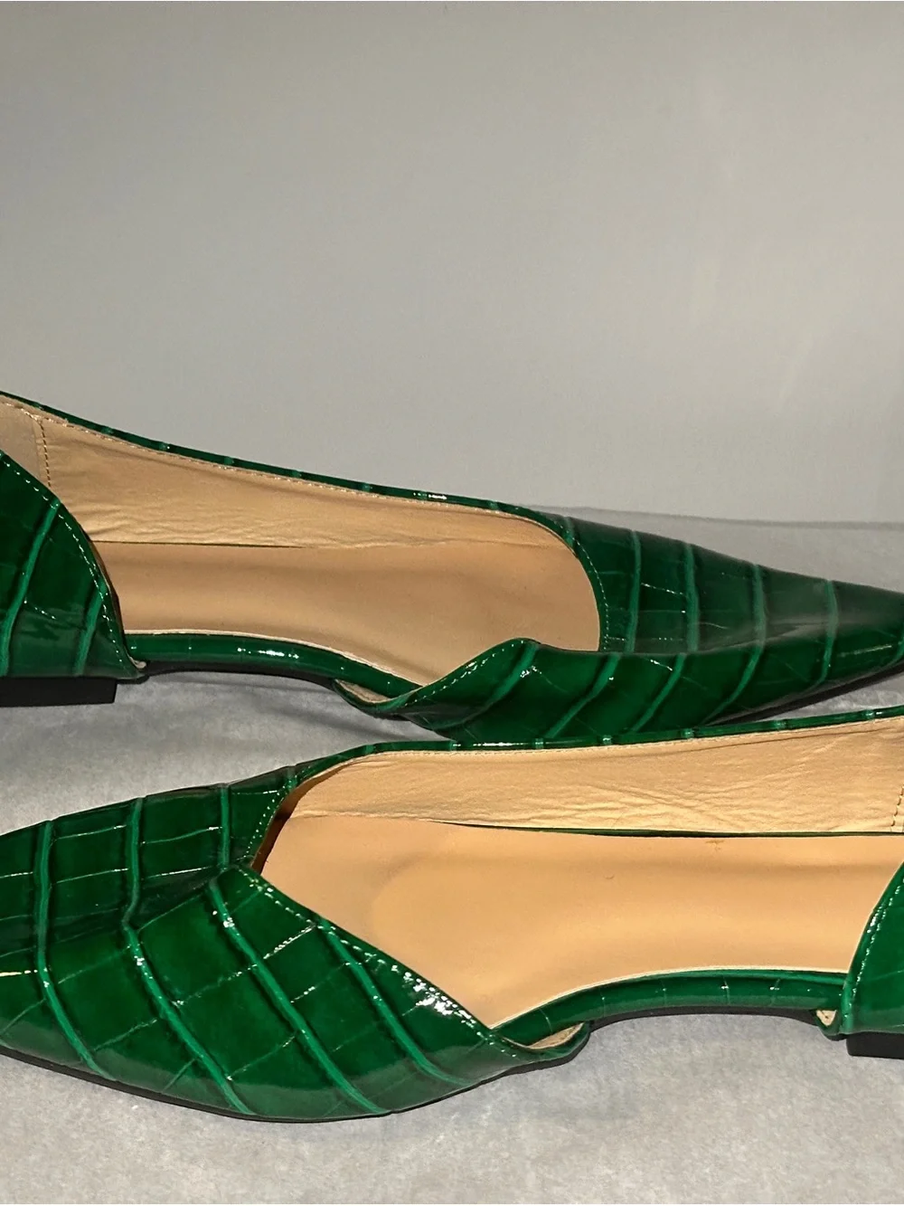 Green Croc-Embossed Pointed Toe D'Orsay Flats